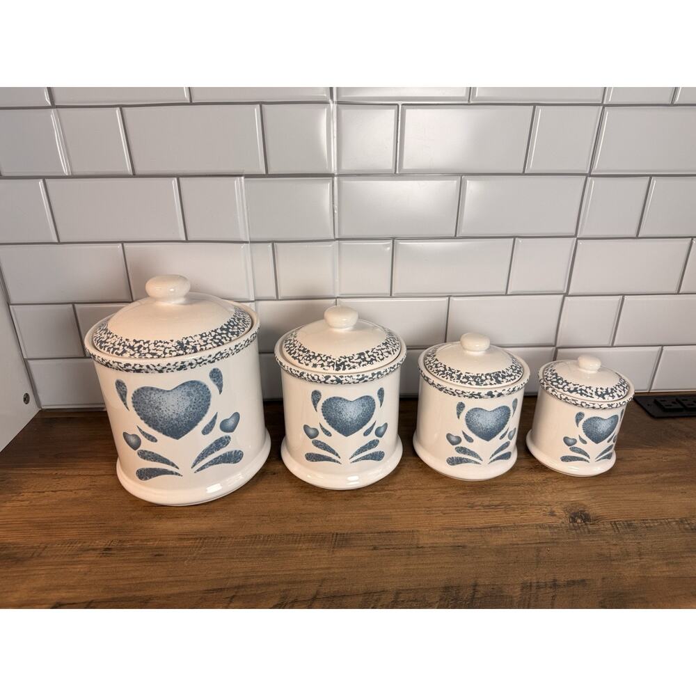 Set of 4 Jay Imports Country Blue Heart Kitchen Canisters -Grandmacore